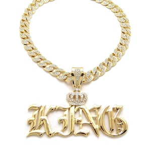 Iced King Crown Pendant 10mm/18&quot;,20&quot;,24&quot; Ice Bling Miami Cuban Chain Hip Hop Necklace