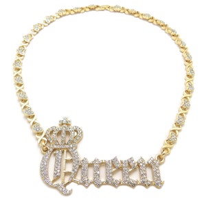 Damen Hip Hop Fashion Iced Crown Queen Anhänger 7 mm Hug & Kisses XO Kettenhalsketten