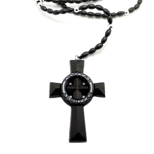 Veritas Aequitas Cross Boondock Saint Pendant 5mm/39" Wooden Rosary Ball Chain Necklace