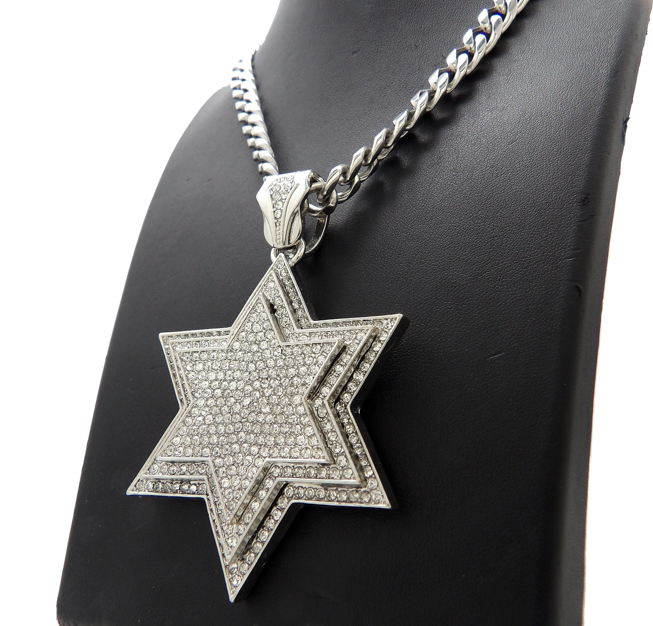Iced 6 Point Star Star of David Pendant 9mm 24 30 Stainless Steel