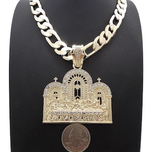 Iced Cubic Zirconia Last Supper Charm 12mm/20" Gold plated Figaro Chain Necklace