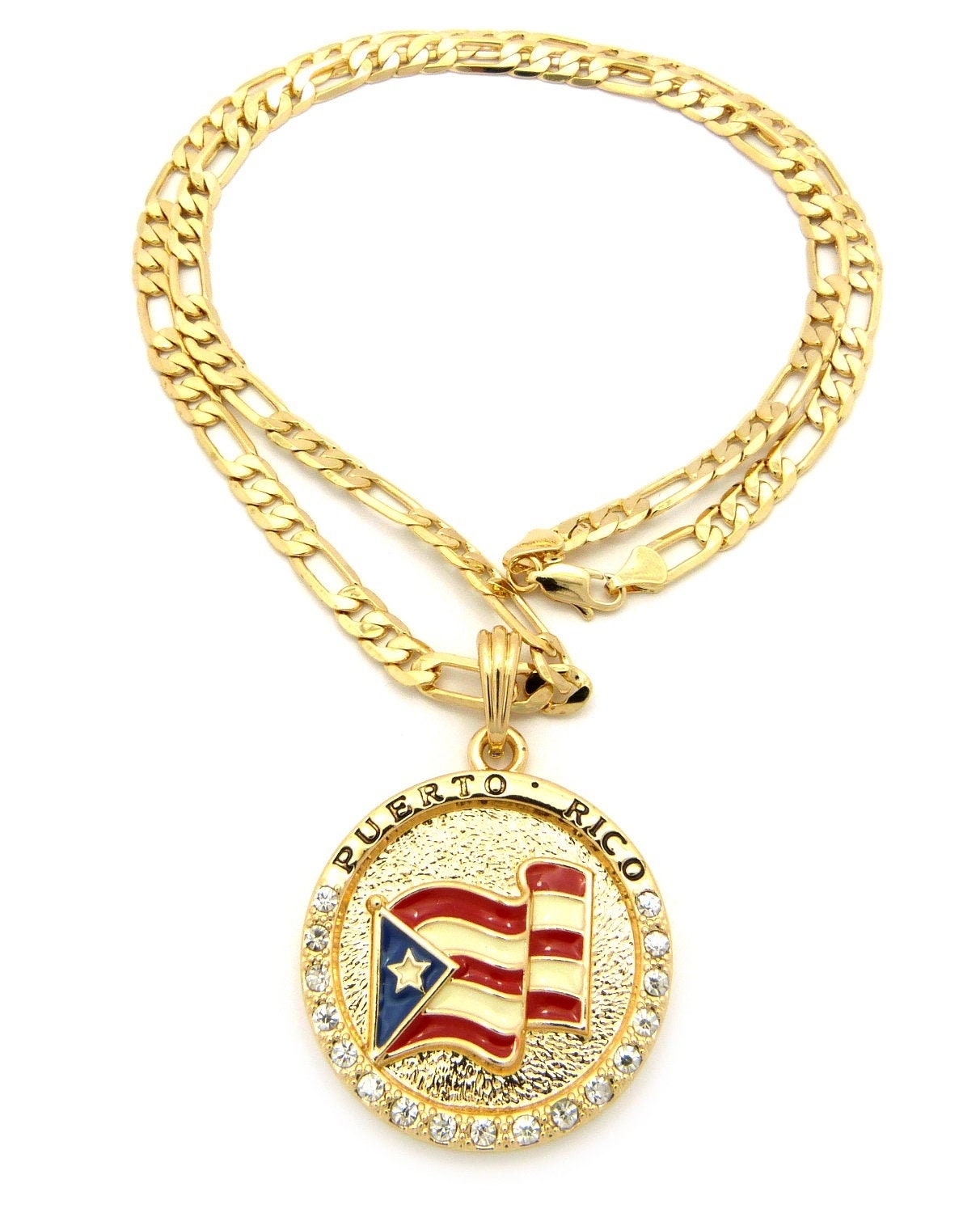 Iced Puerto Rico kaart ronde hanger 24" Figaro, Cubaans, box chain fashion ketting