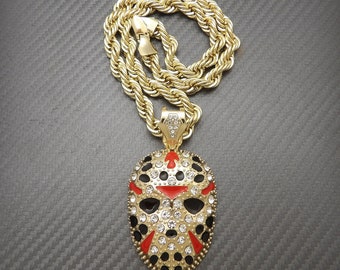JASON MASK FRIDAY 13TH PENDANT SILVER CUBAN LINK CHAIN NECKLACE HIPHOP RAPPER - Foto 5