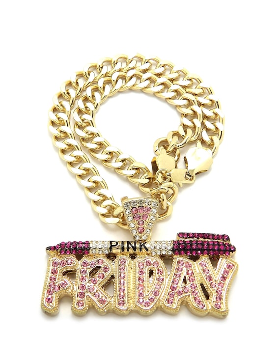 Ice Out Hip Hop Pink Friday Pendant 9mm/18" Cuban Chain Necklace