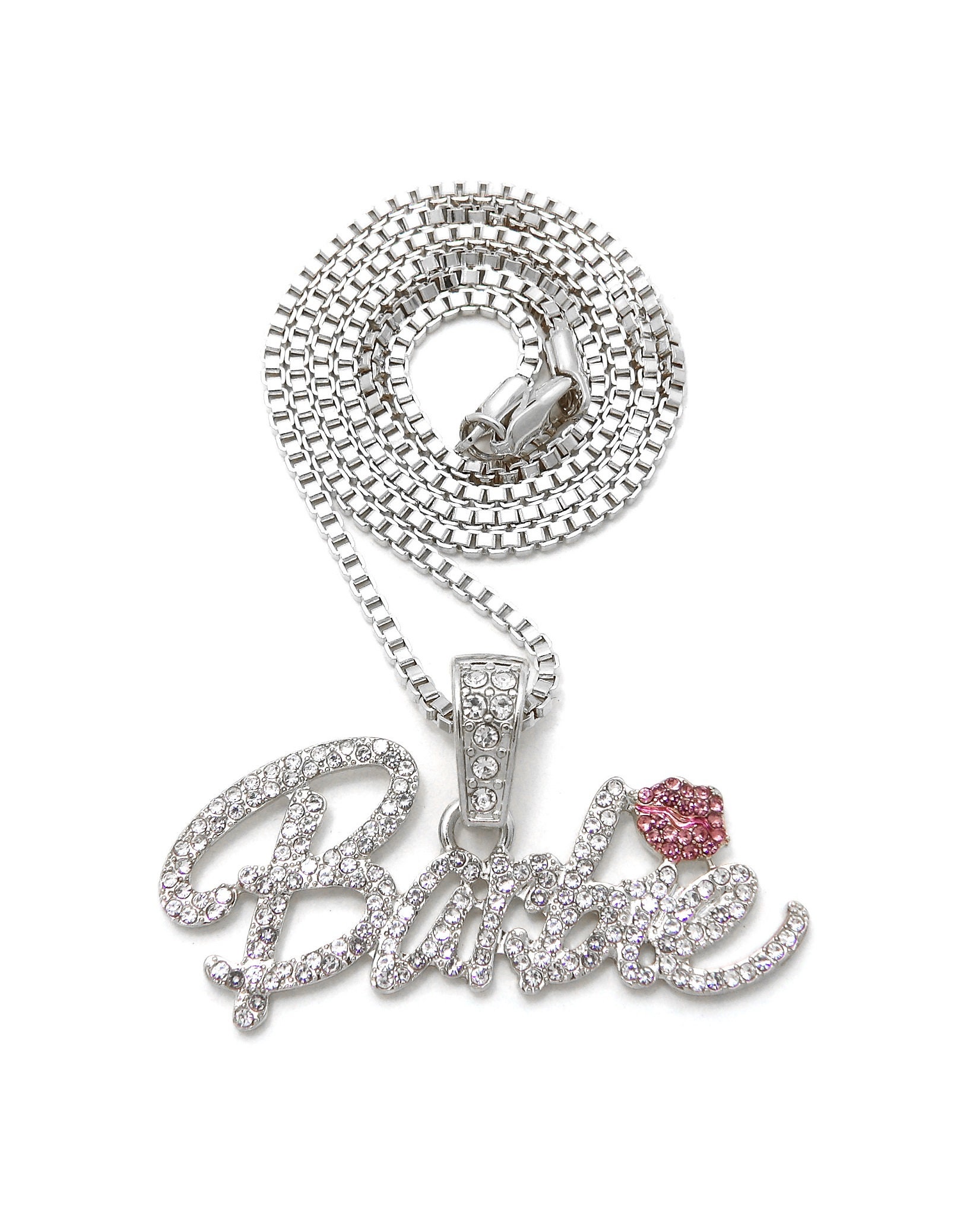 New Ice Out Pink Barbie Lips Pendant 18",20",24" Box o…