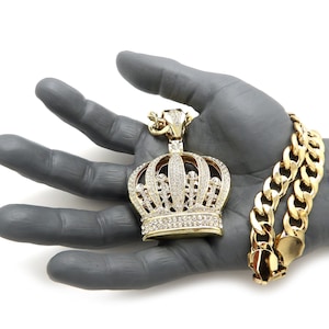 Iced Bling King Crown Pendant 11mm/18&quot;,20&quot;,24&quot; Cuban Chain Hip Hop Fashion Necklace