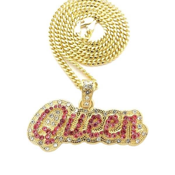 New Women's Fashion Iced Out Queen Pendant  3mm/18",20",24" Cuban Chain Hip Hop Necklaces