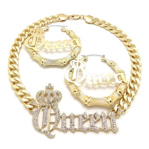 Women&#39;s Fashion Stone Filled Queen 11mm Cuban Chain with Bamboo Queen Pincatch Earring Set