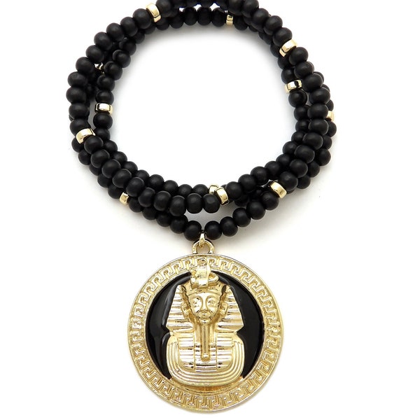 Egyptian Pharaoh King Tut Pendant 6mm/30" Wooden Beads Chain Fashion Necklace