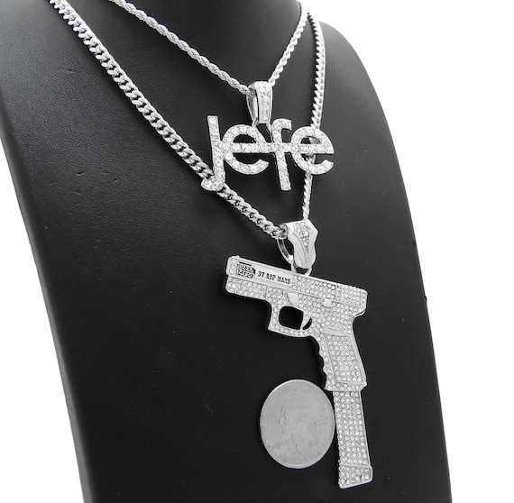 Glizzy Gang Gun Pendant With 20" Cuban Link Chain 14k Gold Plated 