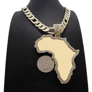 Iced Cubic Zirconia Africa Map Charm 12mm/20&quot; Gold plated Figaro Chain Necklace