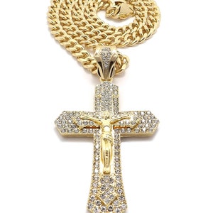 Iced Cubic Zirconia Large Jesus Cross Charm 9mm/18&quot;,20&quot;,24&quot; Cuban Chain Necklace