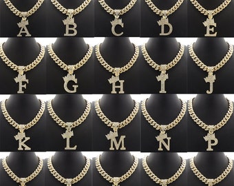 Ice Out Initial Alphabet Letter Gold Pendant 12mm/18" Box Lock Iced Out Cuban Chain Fashion Necklace