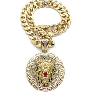 Iced Bling King Lion Round Pendant 11mm/18&quot;,20&quot;,24&quot; Cuban Chain Hip Hop Fashion Necklace