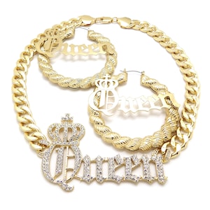 Women's Fashion Iced Out Queen 11mm Cuban Chain with Bamboo Queen Pincatch Earring Set