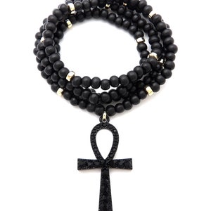 Black Rhinestone Egyptian Ankh Cross Pendant 6mm/30" Wooden Beads Chain Fashion Necklace