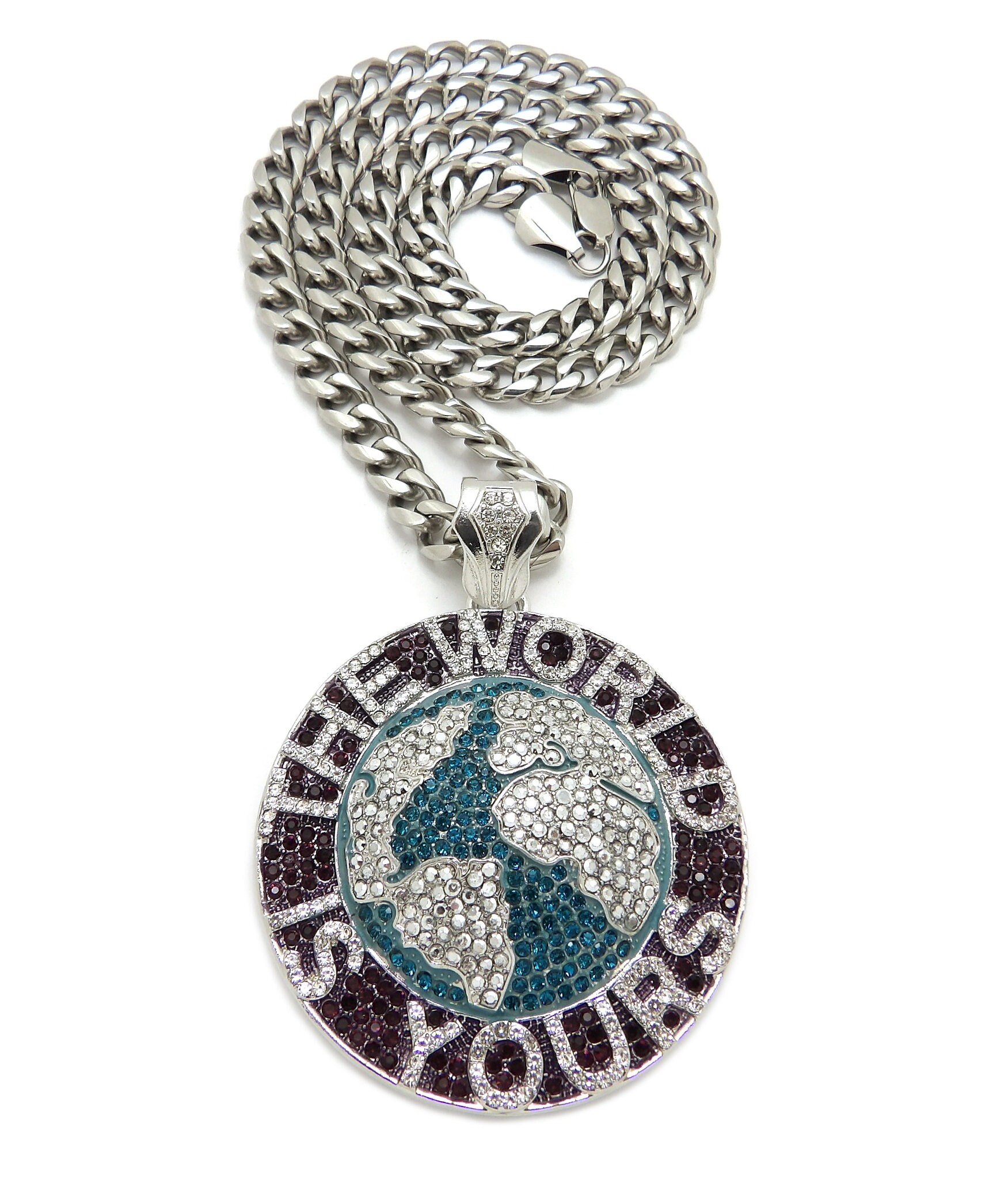 thumbnail image 2 of THE WORLD IS YOURS Pendant + 18" Iced Cuban Chain – Hip Hop Bust Down Necklace 14k Gold Plated 2 of 4