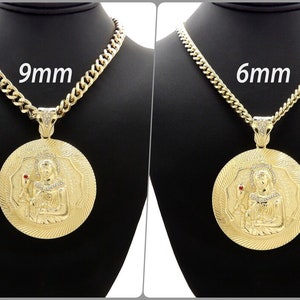 May include: Two gold chains with a round pendant featuring a religious figure. The chain on the left is 9mm thick and the chain on the right is 6mm thick.