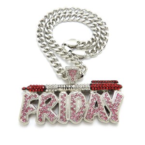 May include: Silver chain necklace with a large pendant featuring the word "FRIDAY" in pink and red rhinestones. The pendant also includes a small lipstick design with the word "PINK" above it.