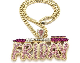 Women&#39;s Fashion Ice Out Hip Hop Pink Friday Pendant 6mm/18&quot; Cuban Chain Necklace