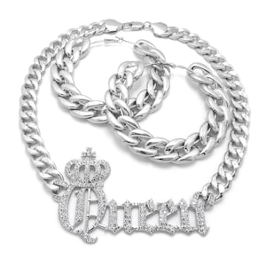 Women&#39;s Fashion Iced Out Queen Pendant 11mm Cuban Chain with Hoop Earring Set