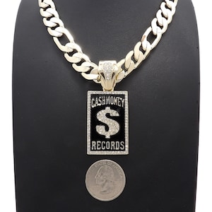 Iced Cubic Zirconia Cash Money Records Charm 12mm/20&quot; Gold plated Figaro Chain Necklace