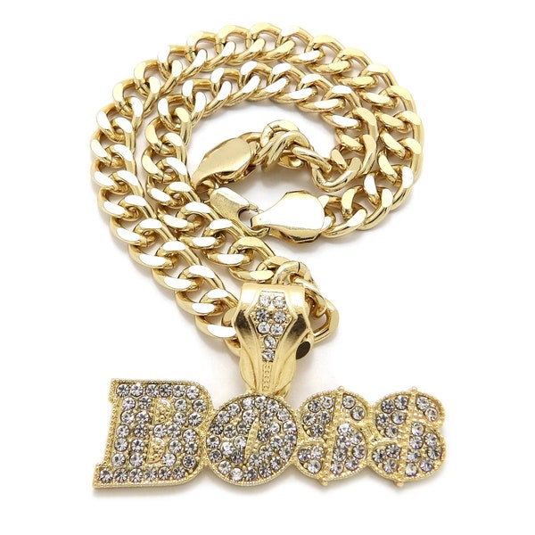 New Iced  Out "BOSS" Pendant 9mm/18",20",24" Cuban Chain Fashion Hip Hop Necklace