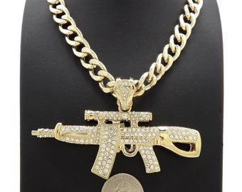 Uomo Donna 14MM Catena Cubana AK47 Collana Con Ciondolo Pistola Ghiacciata AAA Strass Prong Miami Catena A Maglie Cubane Regali Di Gioielli Hip Hop - Foto 4