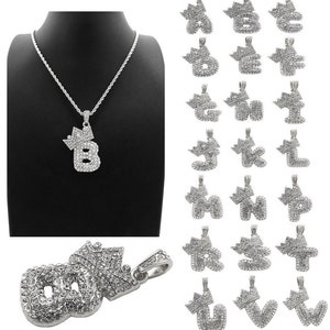 Ice Out Crown Bubble Initial Alphabet Letter Pendant 2mm/24" Rope Chain Fashion Necklace Silver