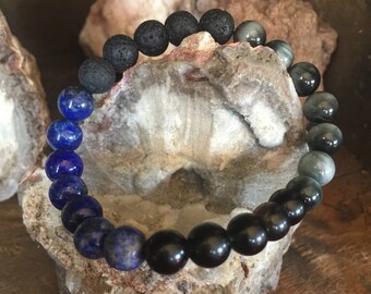 Strider, Lapis Lazuli, Black Tourmaline, Cat's Eye and Lava Beaded Bracelet. 8mm Energy Bracelet by Journey Stones