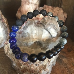 Strider, Lapis Lazuli, Black Tourmaline, Cat&#39;s Eye and Lava Beaded Bracelet. 8mm Energy Bracelet by Journey Stones