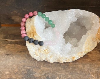 Green Aventurine, Rose Quartz, Rhodonite, Lava, Journey Stones Bracelet.  AAA 8mm Energy Bracelet by Journey Stones