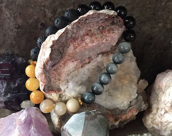 Honey Jade, Cat's Eye Chrysoberyl, Black Tourmaline and Lava beads. 8mm Energy Bracelet by Journey Stones. | Pathfinder| Healing |