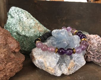 Amethyst, Auralite 23, Obsidian and Lava Beaded Bracelet.  Energy Bracelet by Journey Stones. Spiritual | Wisdom | Power | The Maiden