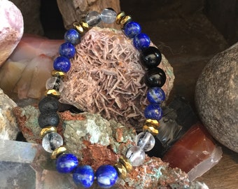 Lapis Lazuli, Onyx, Rutile Quartz, Hematite and Lava Bead Bracelet.  Energy Bracelet by Journey Stones. | Guidance | Healing | Grounding