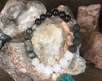 Lunar bracelet. Moonstone, Obsidian, Cat's Eye Chrysoberyl, Rutilated Quartz and Lava Bracelet. AAA 8mm Energy Bracelet by Journey Stones
