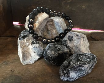 Black Onyx, Black Tourmaline, Hematite and Lava Beaded Bracelet.  8mm Energy Bracelet by Journey Stones. Healing | Guidance | Wisdom