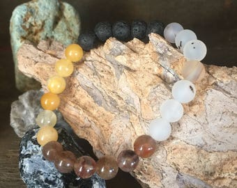 Moonbeam bracelet.Honey Jade, Rare Auralite 23 Cacoxenite, Montana Moss Agate and Lava.  AAA 8mm Energy Bracelet by Journey Stones.