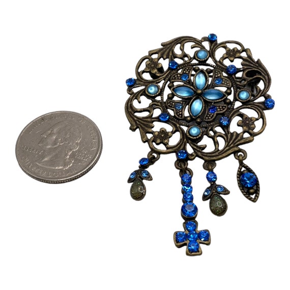 Blue rhinestone on brss dangle brooch - image 2