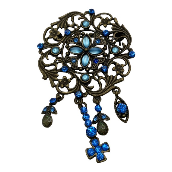 Blue rhinestone on brss dangle brooch - image 3