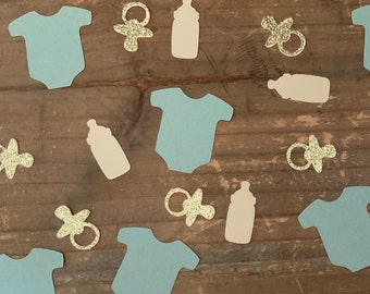 Sage Baby Shower-konfetti: Guldfärgade nappar, bodystockingar, flaskor (100 stycken)
