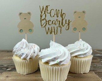 We Can Bearly Wait Cupcake Toppers - 12 pack / Bear Baby Shower Toppers - Sage