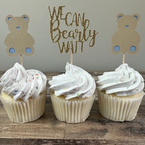 We Can Bearly Wait Cupcake Toppers - 12 pack / Bear Baby Shower Toppers - Blue