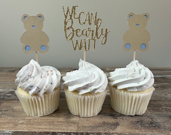 We Can Bearly Wait Cupcake Toppers - 12 pack / Bear Baby Shower Toppers - Blue