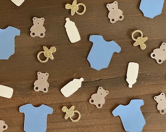 Bear Baby Shower Confetti: Blue Onesies, Gold Pacifiers - 120 Piece