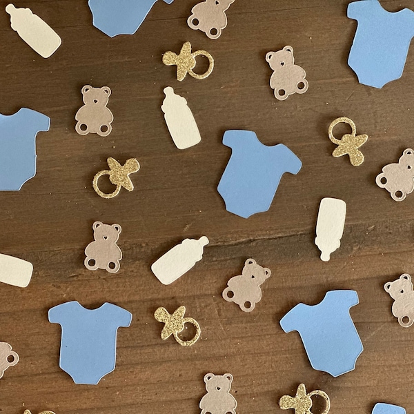 Konfetti na Baby Shower w kształcie misia: niebieskie body, złote smoczki – 120 sztuk
