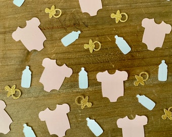 Roze en gouden babyshowerconfetti: rompertjes, fopspenen, flessen (100 stuks)