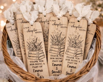 Personalized Wooden Bookmark Favor | Engraved Wedding Guest Gift, A New Chapter Begins