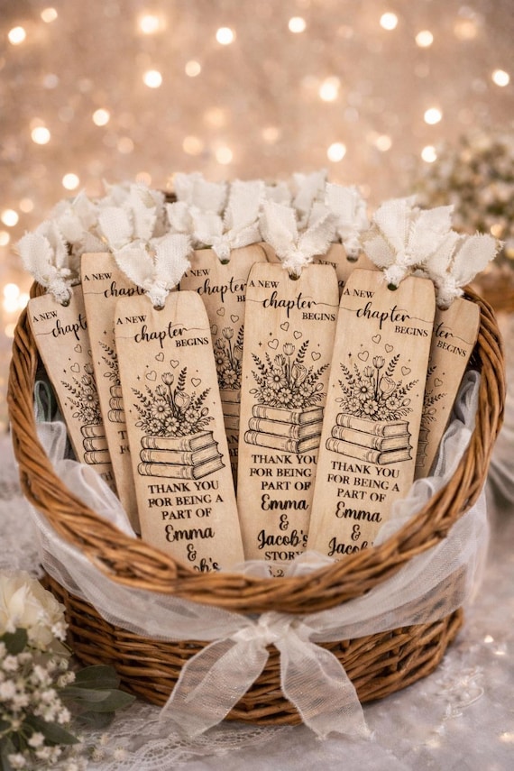 Personalized Wooden Bookmark Favor | Engraved Wedding Guest Gift, A New Chapter Begins