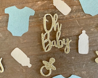 Salviagrön babyshowerkonfetti: Guldfärgade 'Oh Baby'-dekorationer (125 delar)